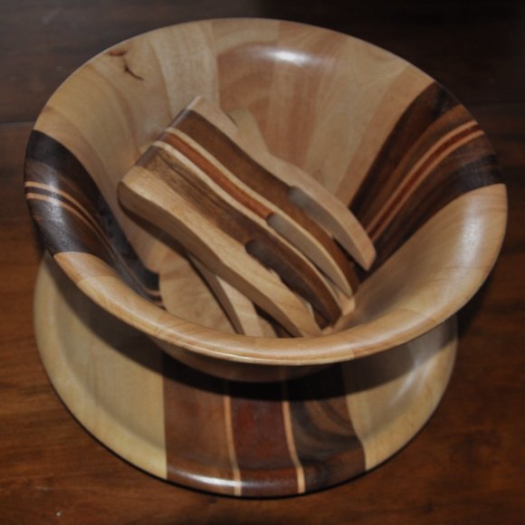 4 pc Handcrafted Mixed Wooden Striped Inlay Salad Bowl, Serving Platter & Claws - Picture 5 of 7